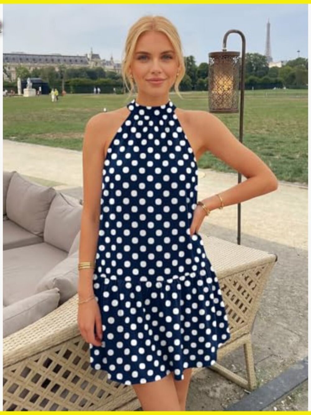 Polka Dot Halter Dress A-Line Mini Babydoll Summer Vacation Party Outfit - Picture 3 of 6